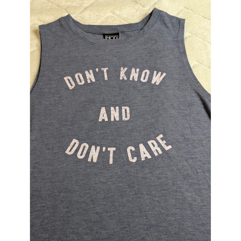 Modern Lux Dont Know And Dont Care Graphic Muscle Tank Top Blue Small JT18251